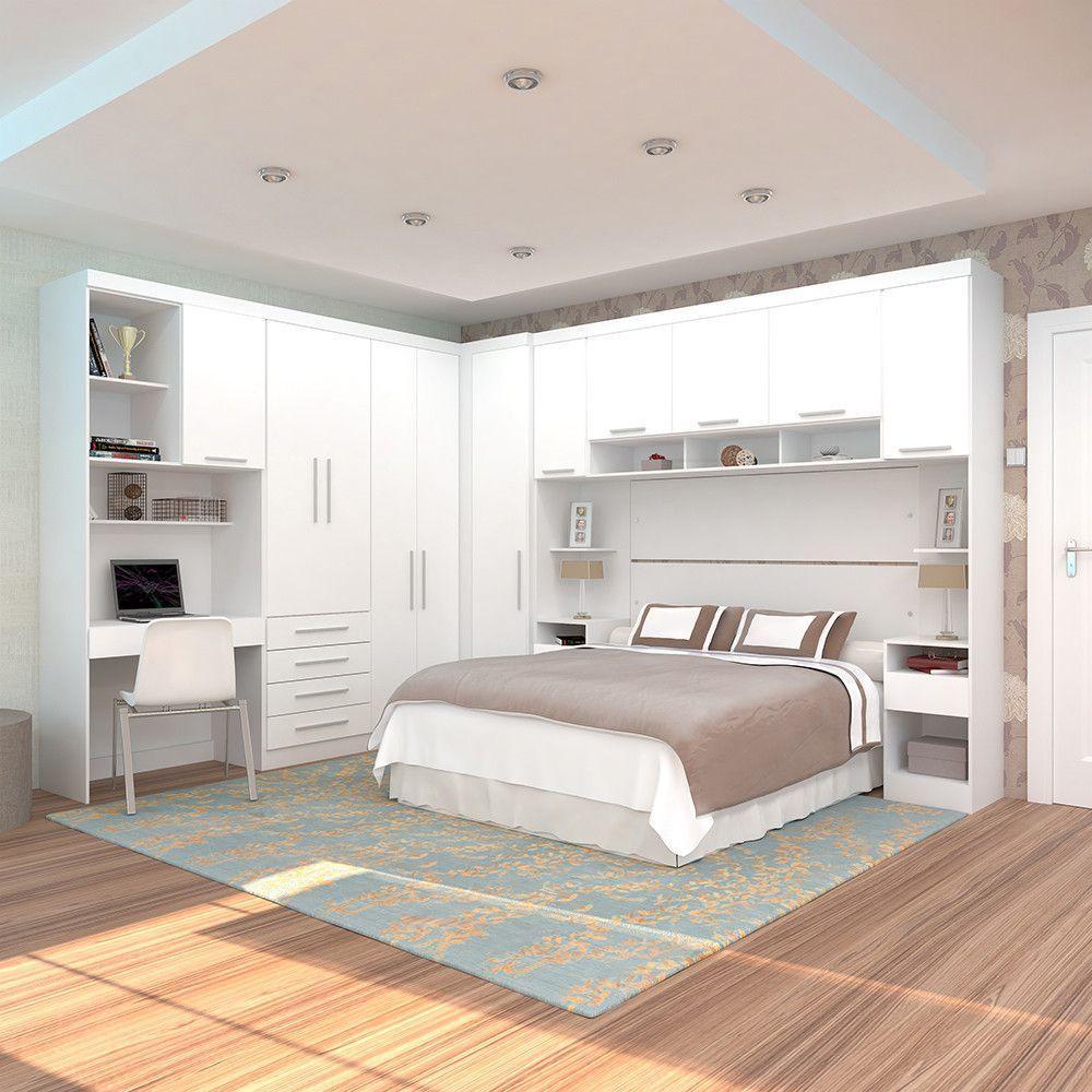 Quarto De Canto Casal Com Guarda Roupas Cabeceira E Bancada Home Office Alpes Luciane Móveis Branco Pf Com Branco Pf - 1