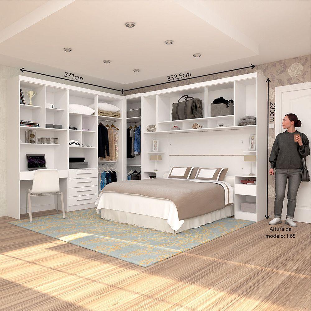 Quarto De Canto Casal Com Guarda Roupas Cabeceira E Bancada Home Office Alpes Luciane Móveis Branco Pf Com Branco Pf - 2