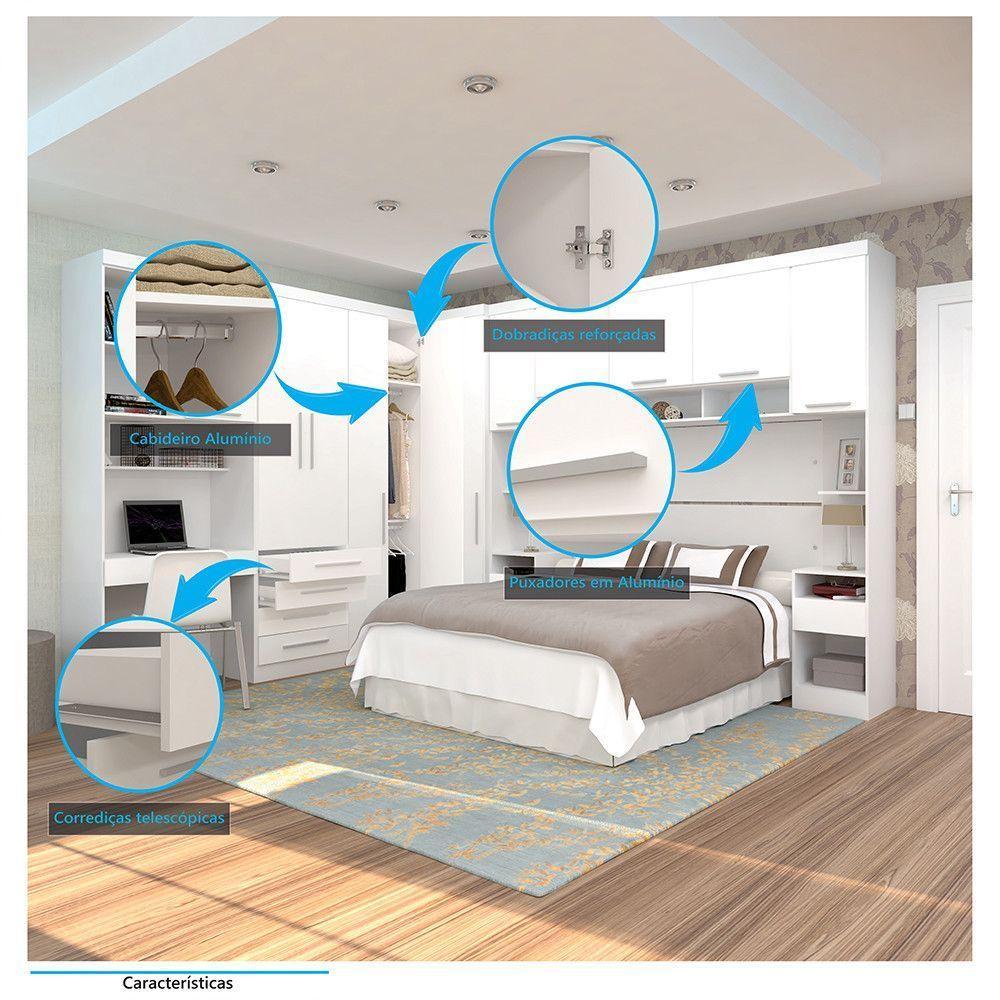 Quarto De Canto Casal Com Guarda Roupas Cabeceira E Bancada Home Office Alpes Luciane Móveis Branco Pf Com Branco Pf - 4