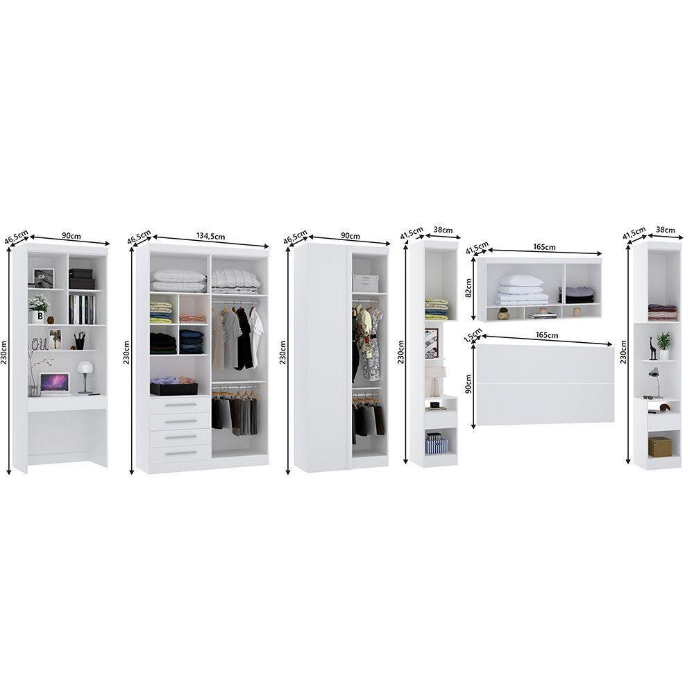 Quarto De Canto Casal Com Guarda Roupas Cabeceira E Bancada Home Office Alpes Luciane Móveis Branco Pf Com Branco Pf - 5