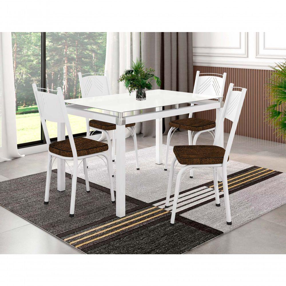 Conjunto De Mesa Tubular Malva Branco Tampo De Vidro 1,07M Com 4 Cadeiras 151 Assento Imbuia - 1