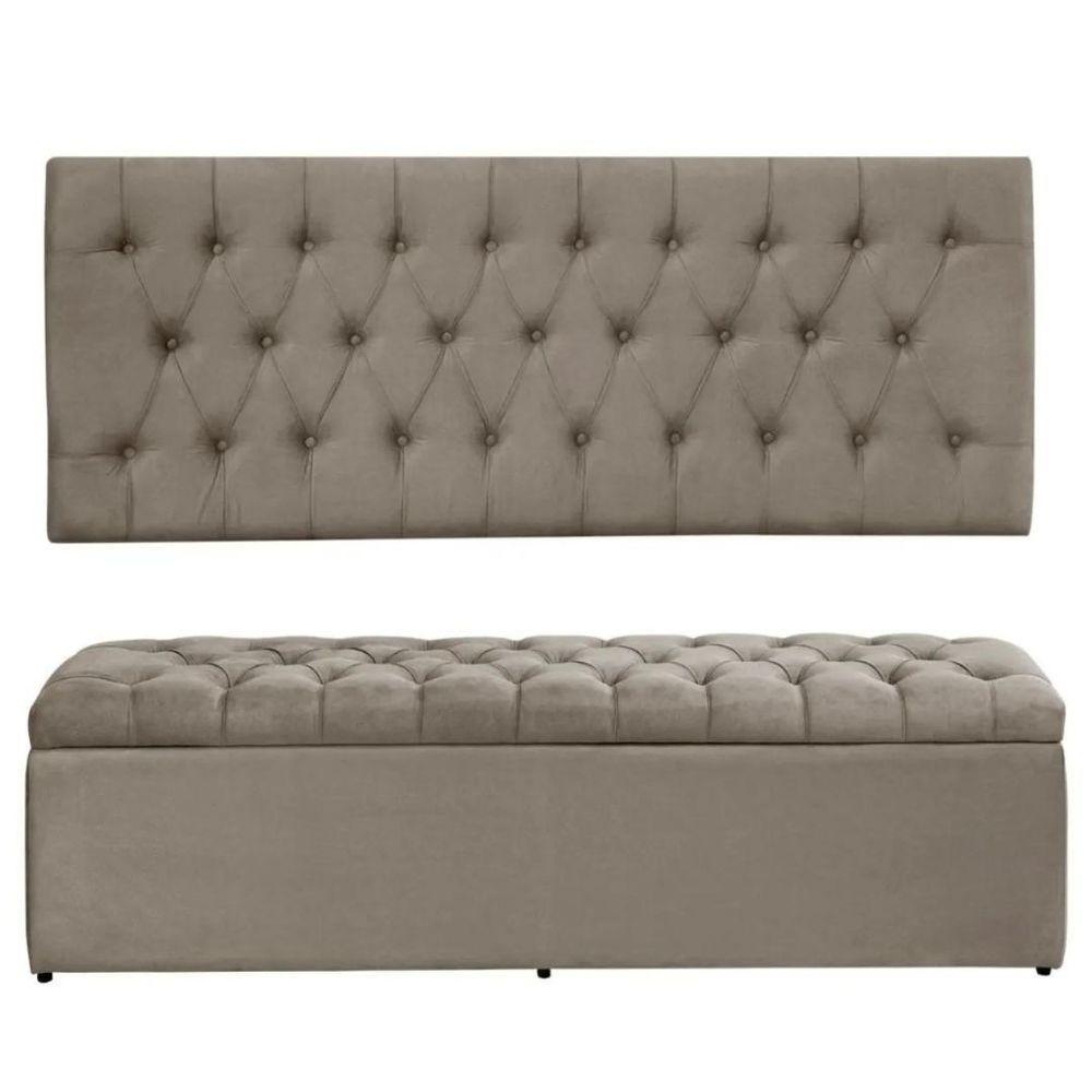 Painel Cabeceira Com Bau Calçadeira Dubai 1.93Mt -Suede Bege - 1