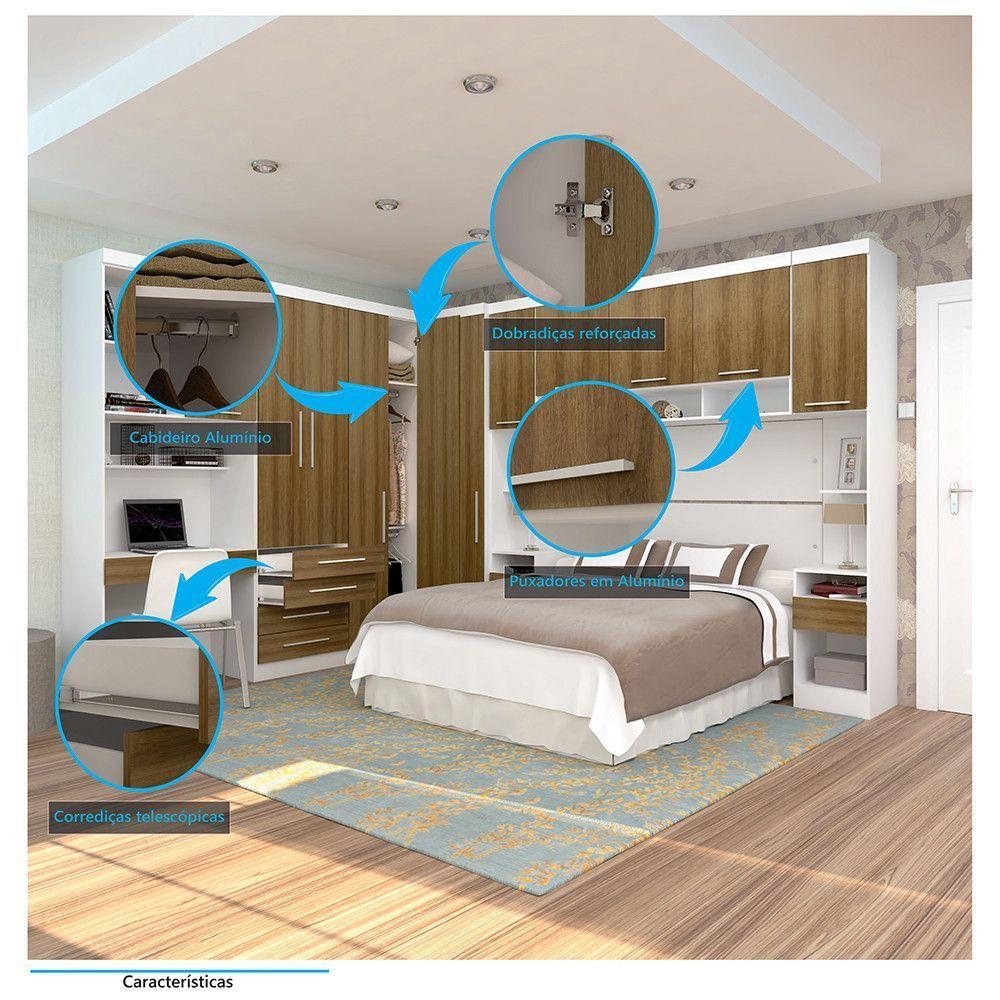 Quarto De Canto Casal Com Guarda Roupas Cabeceira E Bancada Home Office Alpes Luciane Móveis Branco Pf Com Avelã Pf - 3