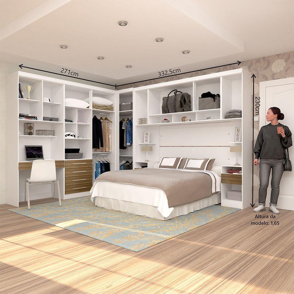 Quarto De Canto Casal Com Guarda Roupas Cabeceira E Bancada Home Office Alpes Luciane Móveis Branco Pf Com Avelã Pf - 5