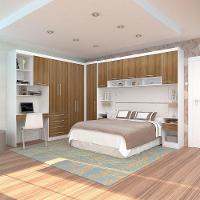 Quarto De Canto Casal Com Guarda Roupas Cabeceira E Bancada Home Office Alpes Luciane Móveis Branco Pf Com Avelã Pf - 1