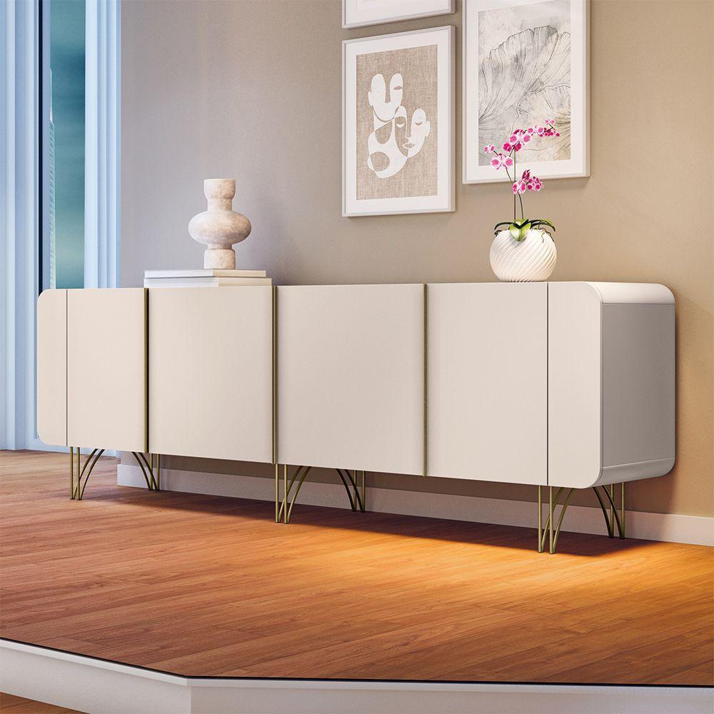 Buffet Decorativo Com Puxadores Em Alumínio Pés Aço Maciço Virginia Off White G26 - Gran Belo - 1
