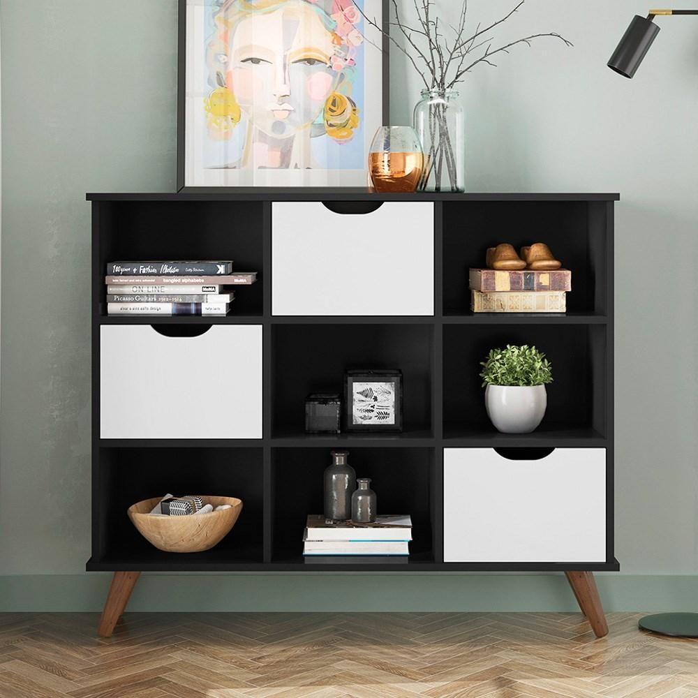 Nicho Organizador Multifuncional 6 Nichos 3 Gavetas Pés Retrô Cube Q01 Preto/Branco - Mpozenato - 4