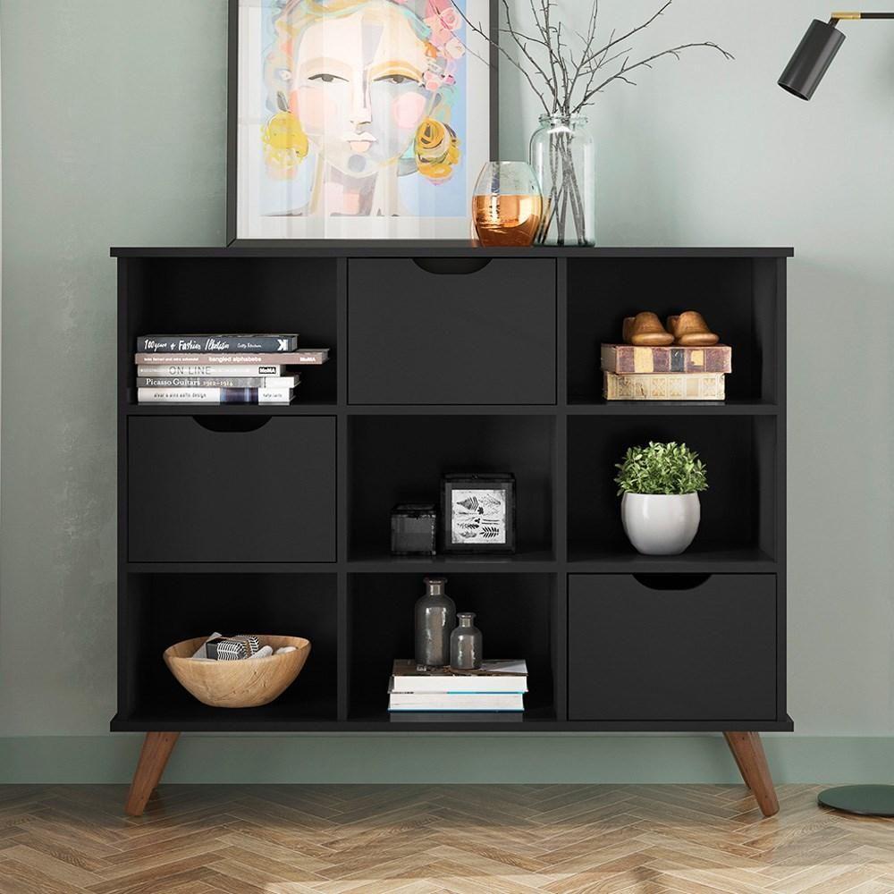 Nicho Organizador Multifuncional 6 Nichos 3 Gavetas Pés Retrô Cube Q01 Preto - Mpozenato - 4