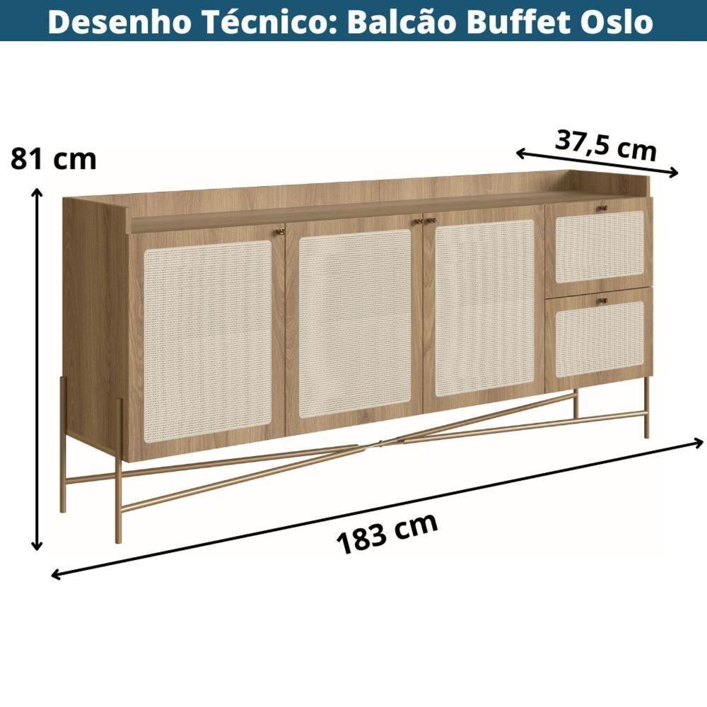 Balcão Buffet Oslo Artesano 183 Cm (Largura) Em Mdp Mel Palha  Três Portas Base Metal - 4