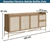 Balcão Buffet Oslo Artesano 183 Cm (Largura) Em Mdp Mel Palha  Três Portas Base Metal - 16