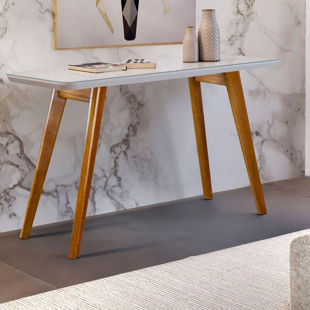 Aparador Slim Com Tampo De Vidro E Madeira Maciça Moveis Mix Mel/off-white - 1