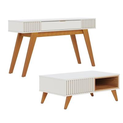 Kit Aparador para Sala de Estar com Mesa de Centro Delta Retrô 1 Gaveta MDF 136cm Freijó Off White