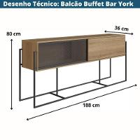 Balcão Buffet Bar Industrial York Artesano 188 Cm (Largura) Em Mdp Hanover Duas Portas Aço Preto