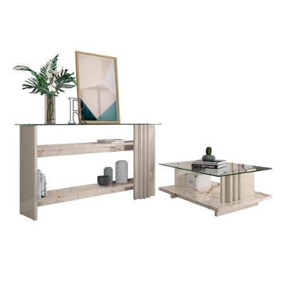 Conjunto Aparador e Mesa de Centro Kassia Vidro MDP 150cm Calacata Off White