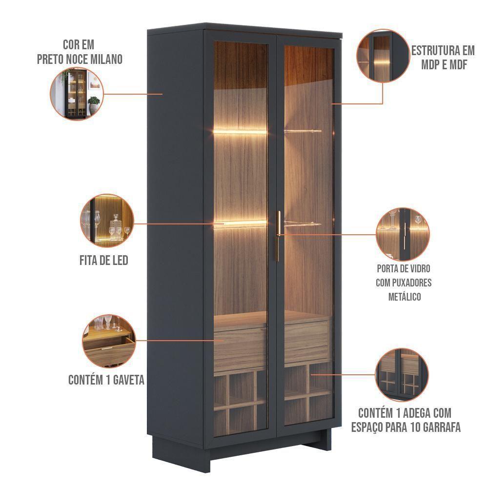 Kit Buffet Áustria Com Cristaleira Malibu Preto Milano - 8