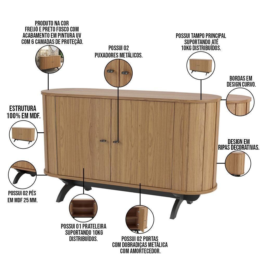 Balcão Buffet Curvo Romagna 130Cm D03 Freijó Preto Fosco - 3