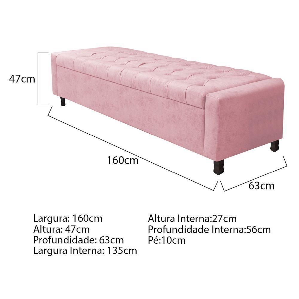 Calçadeira Baú Queen Everest P02 160cm Para Cama Box Suede - Doce Sonho Móveis Rosa Bebê - 4