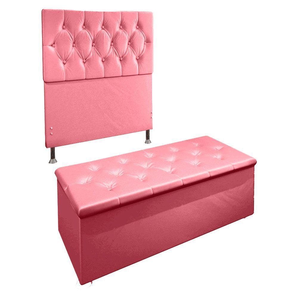 Kit Cabeceira e Calçadeira Baú Solteiro 0,90m Suede Rosa - 1