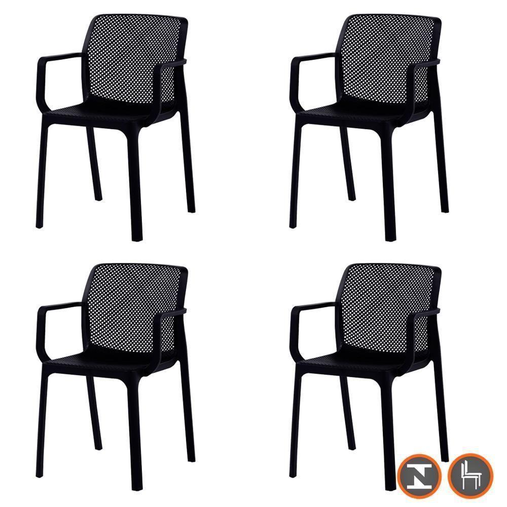 Kit 4 Cadeiras Com Braços Empilhavel Inmetro Sardenha Vega Fratini Polipropileno Preto - 1