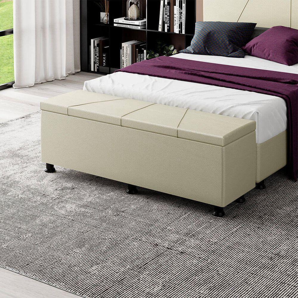 Baú Sapateira Estofada Casal 140 Cm Júpiter Corino Skybox Bege - 1
