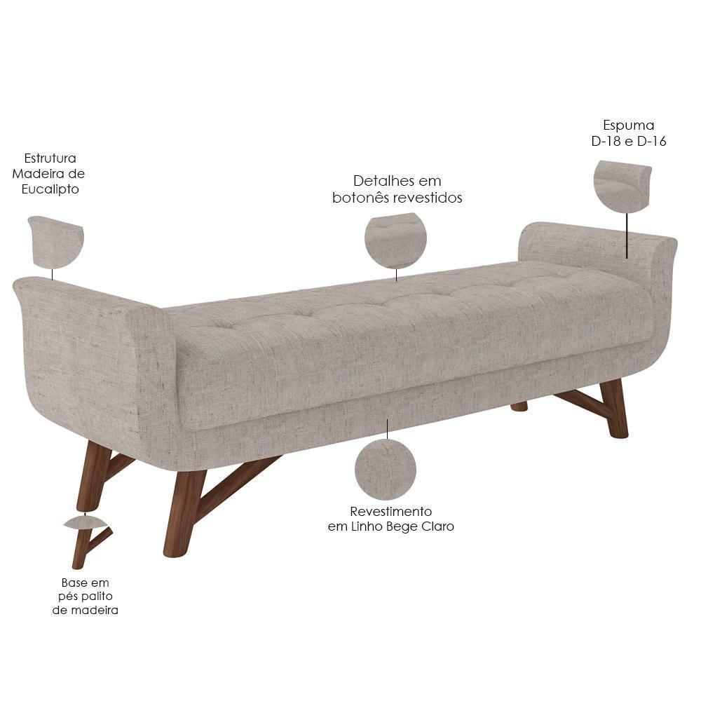 Puff Recamier Decorativo Com Pés Em Madeira 140 Cm Itália P05 Linho Bege Claro - Lyam Decor - 2