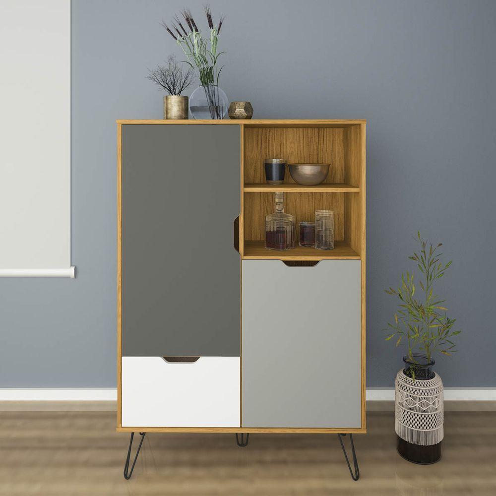 Aparador Bar Carvalho/Grafite/Branco/Prata 2 Portas 1 Gaveta - 1