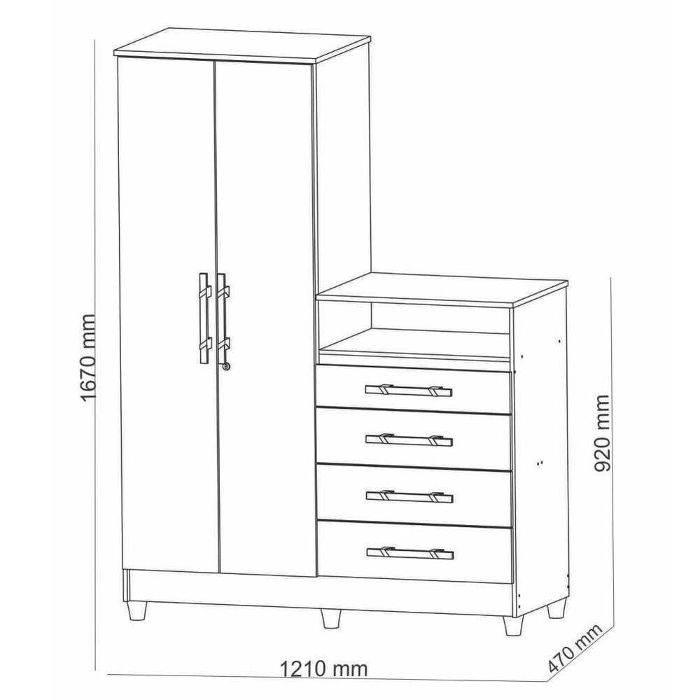 Guarda Roupa Com Cômoda 2 Portas Line Moldura Espelho - 2