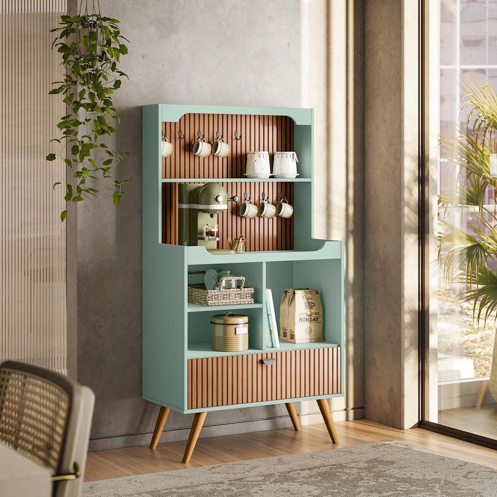 Armário Bancada Cantinho Do Café Menta/Tauari Ripado 1 Porta Basculante Com Pés De Madeira - 1