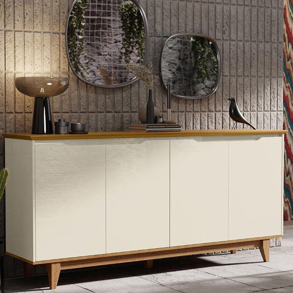 Aparador Buffet Sala Flow Com 4 Portas Pés Madeira Maciça Off White/freijo Off White/freijo - 5