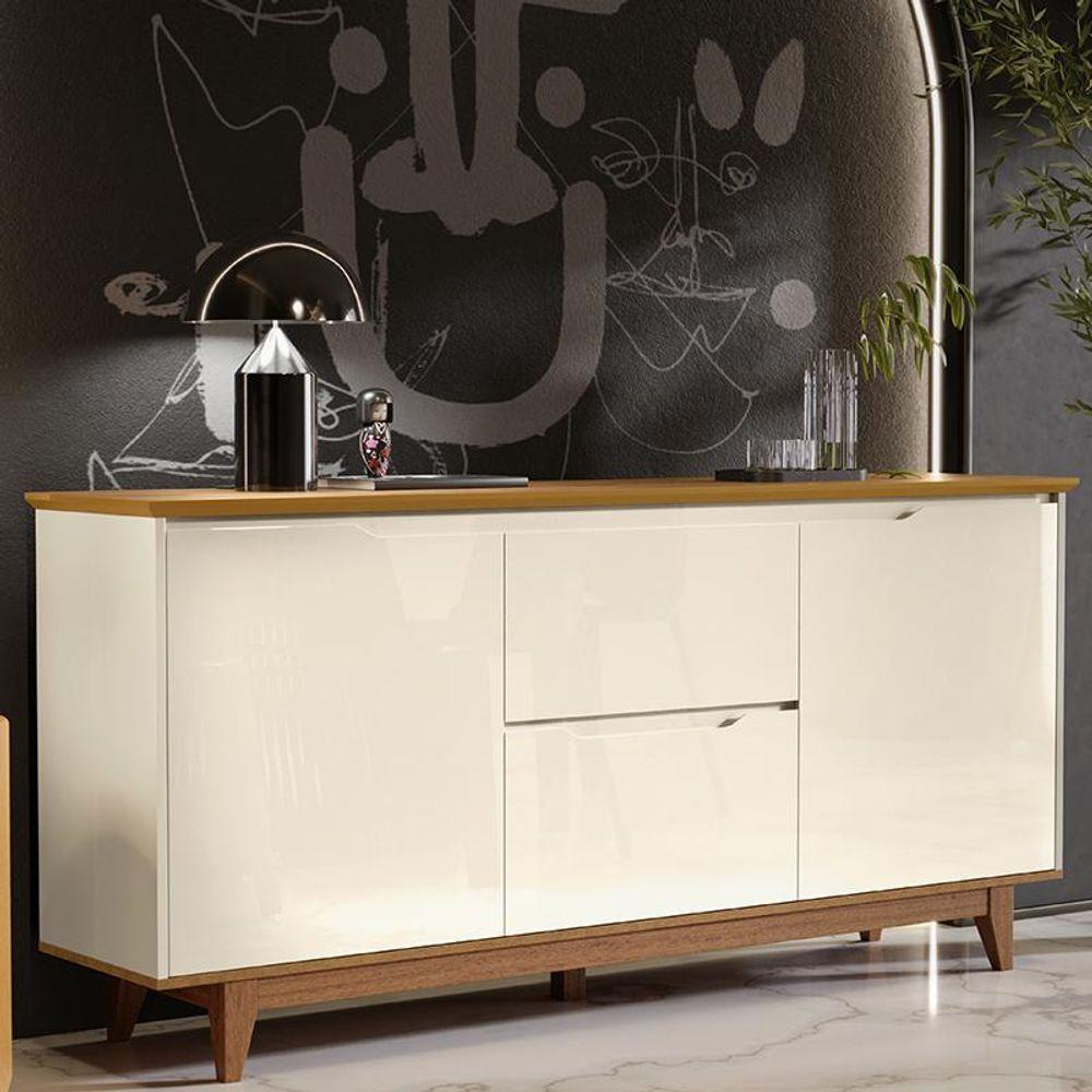 Aparador Buffet Flow 2 Portas 2 Gavetas Pés Madeira Maciça Off White/freijo Off White/freijo - 5