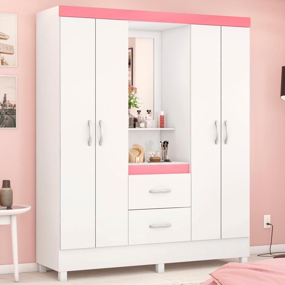Guarda Roupa Capelinha 4 Portas Branco Rosa Flex Demobile - 1