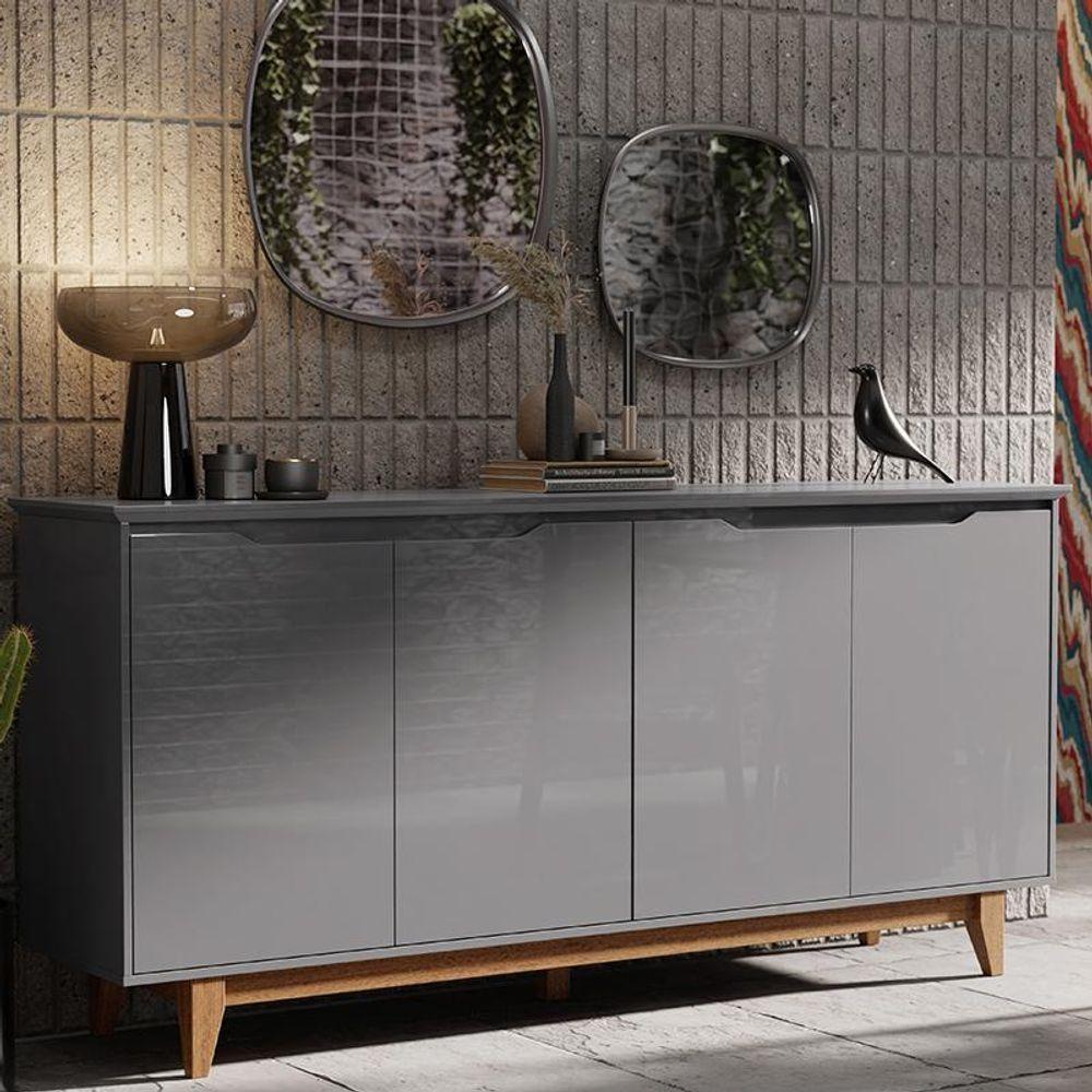 Aparador Buffet Sala Flow Com 4 Portas Pés Madeira Maciça Cinza/freijo Cinza/freijo - 5