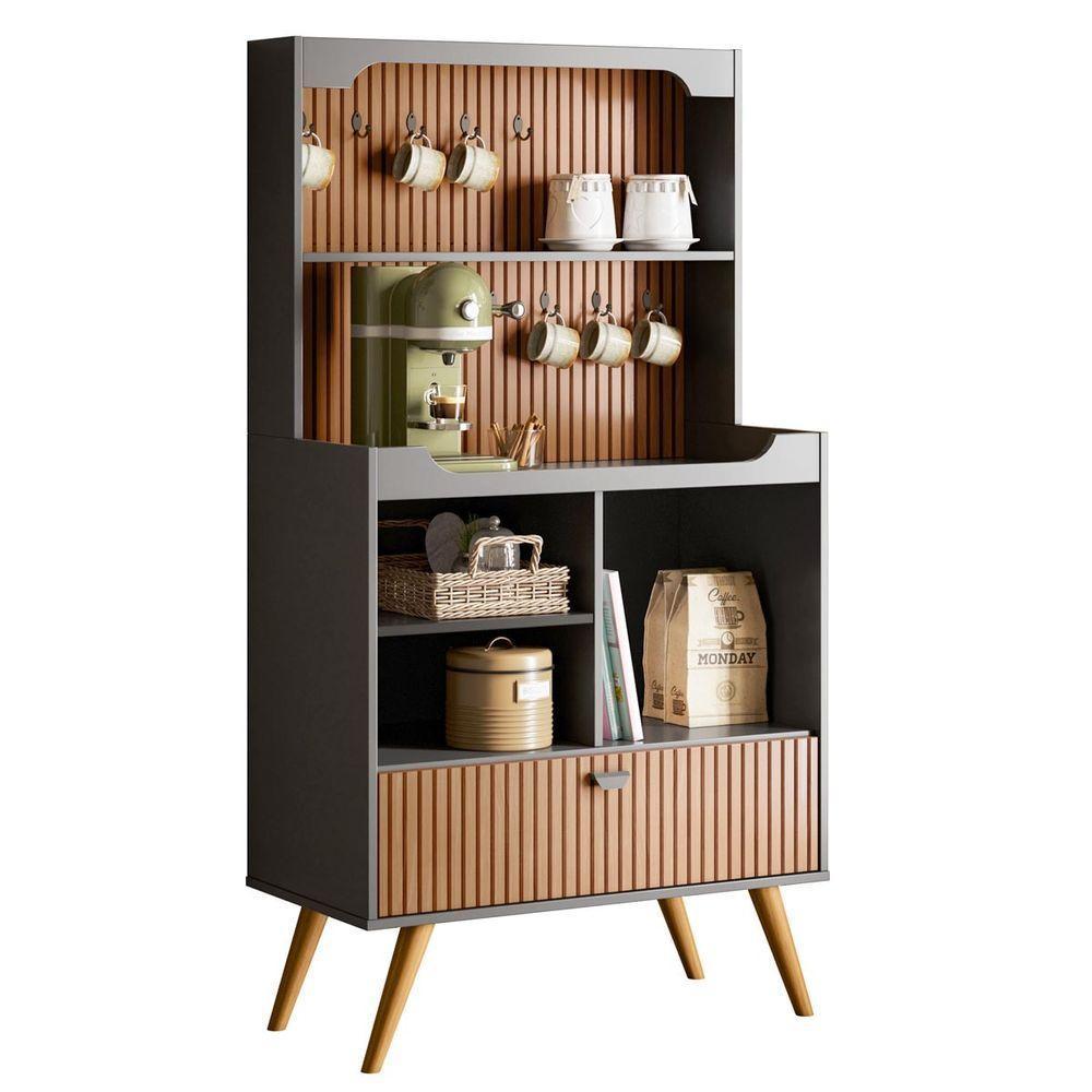 Armário Bancada Cantinho Do Café Preto Fosco/Tauari Ripado 1 Porta Basculante Com Pés De Madeira - 4