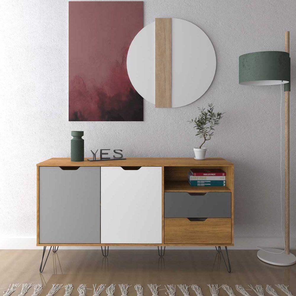 Bancada Carvalho/Grafite/Branco/Prata 2 Portas 6 Pés Metal - 9