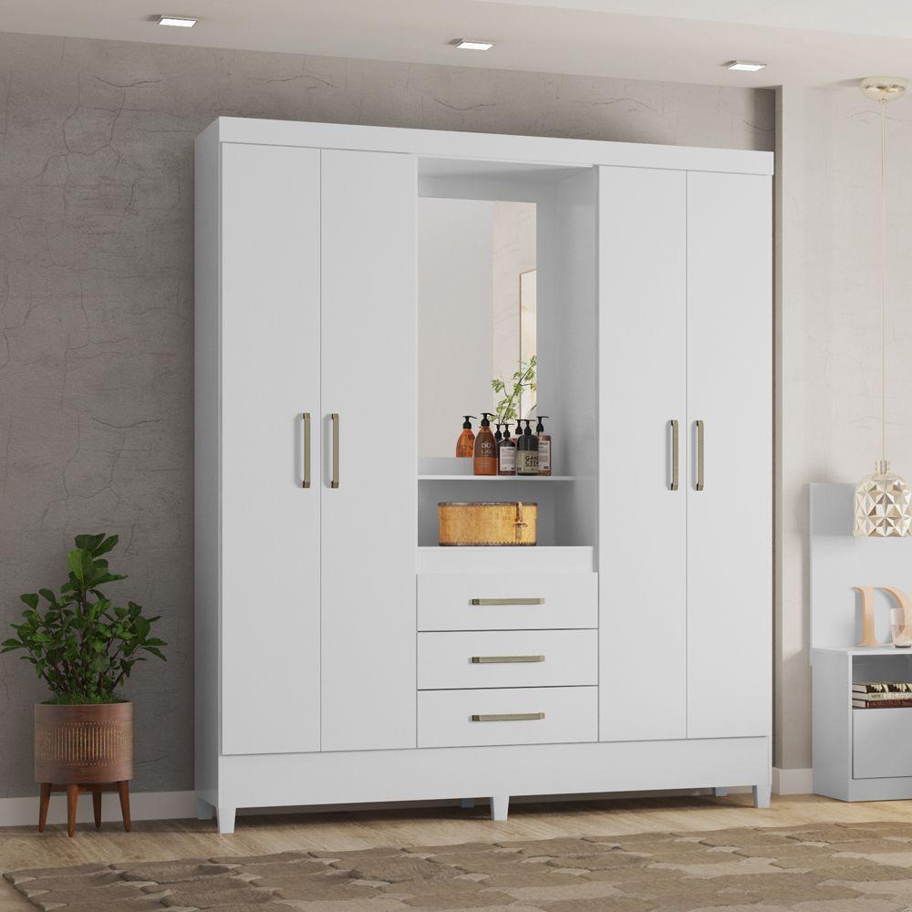 Guarda Roupa 4 Portas Com Pés Espelho Capelinha Branco Rosa - 4