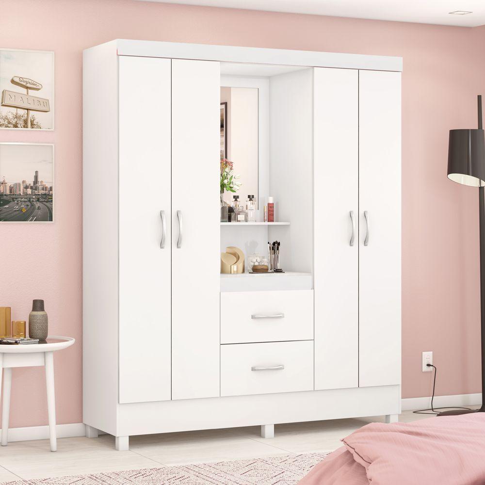 Guarda Roupa 4 Portas Com Pés E Espelho Lord Branco Rosa - 2