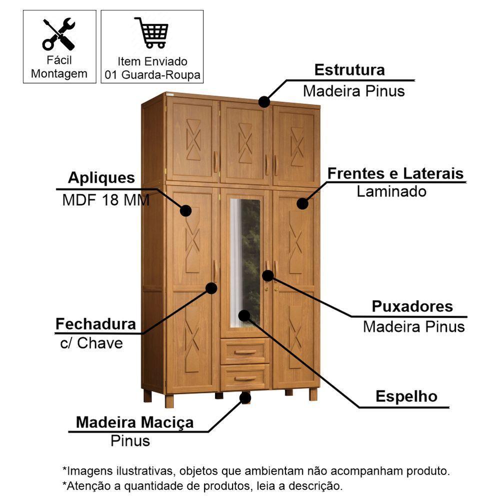 Guarda-roupa Solteiro 6 Portas E 2 Gavetas Com Espelho Em Madeira Dallas Carvalho - Straub Web - 3