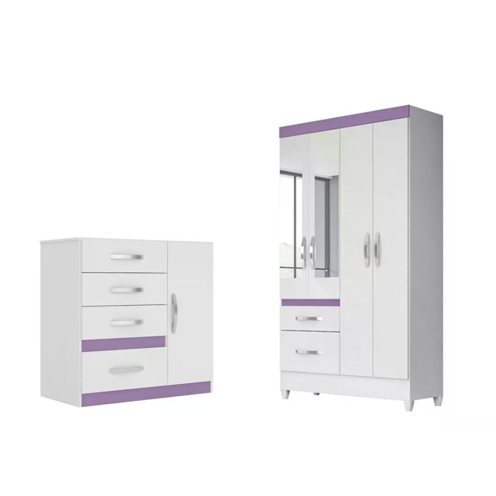 Kit Roupeiro C/Espelho C/Cômoda Branco/rosa/azul/lilas Flex - 1