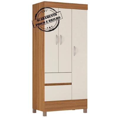 Guarda Roupa Solteiro Wind 3 Portas de Bater 2 Gavetas Amendoa Off White MDP