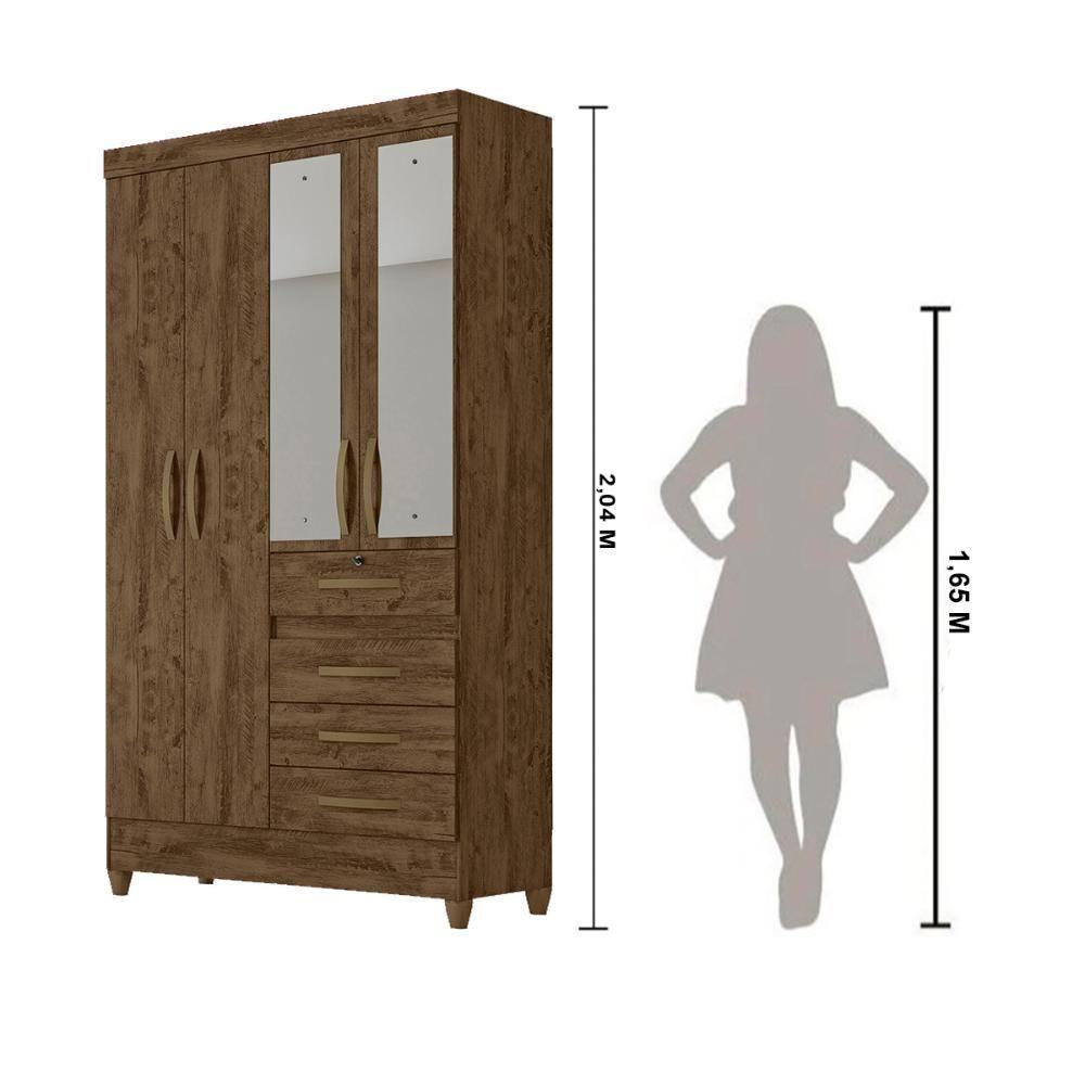 Guarda Roupa Solteiro 4 Portas C/Espelho 4 Gavetas Castanho - 3