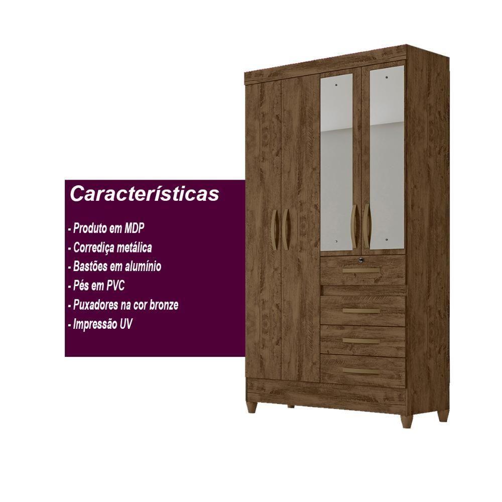 Guarda Roupa Solteiro 4 Portas C/Espelho 4 Gavetas Castanho - 5