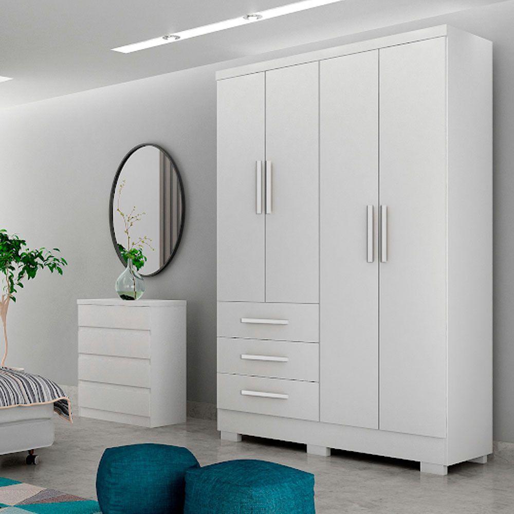 Guarda Roupa Agata 4 Portas 3 Gavetas Com 6 Pés Branco - 1