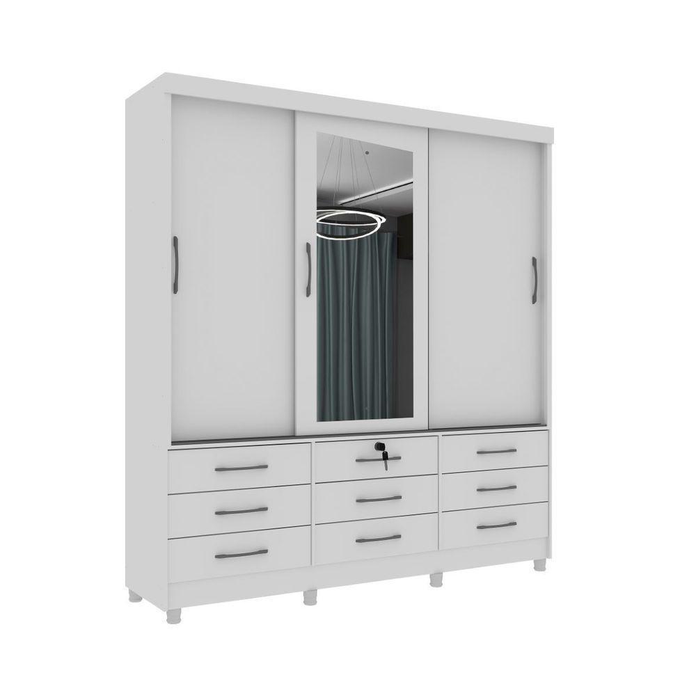Guarda Roupa 3 Portas 9 Gavetas Com Espelho E Pés branco - 1