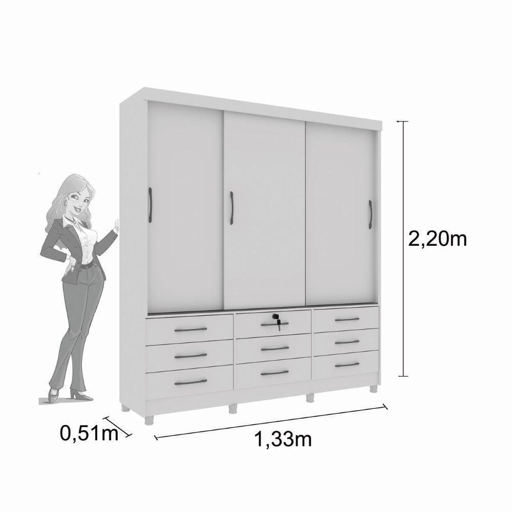 Guarda Roupa 3 Portas 9 Gavetas Com Espelho E Pés branco - 2