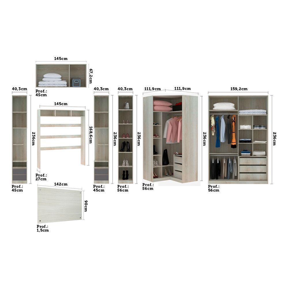 Guarda Roupa Canto Casal Com Vidro Reflecta Crema Com Cinza - 5