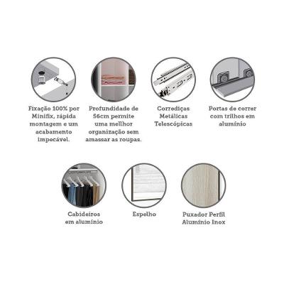 Guarda Roupa Casal Prime 2 Portas de Correr 3 Gavetas Branco F.F. com Legno Crema