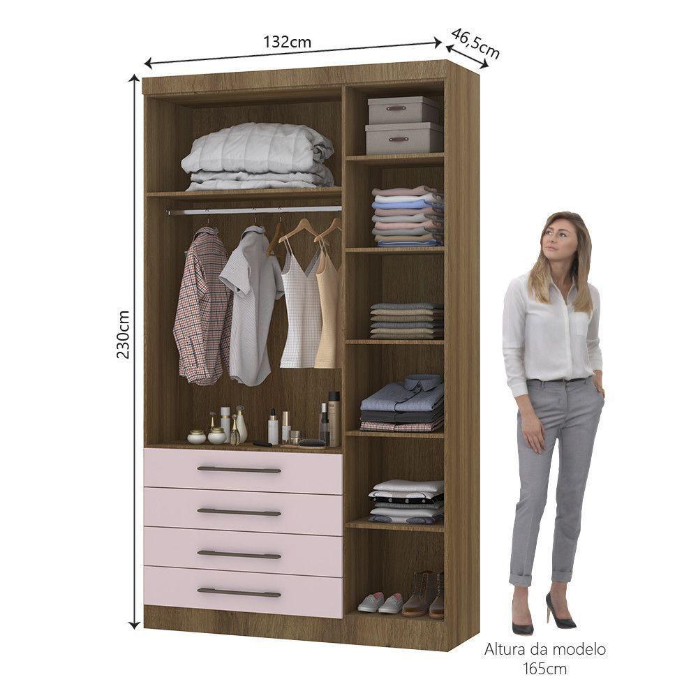 Guarda Roupa Modulado 132cm 3 Portas E 4 Gavetas Paris Luciane Móveis Avelã Pf Com Rosa Pf - 7