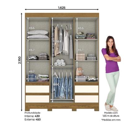 Guarda Roupa Casal B55 3 Portas Bater 4 Gavetas Nature com Off White MDP Briz Móveis