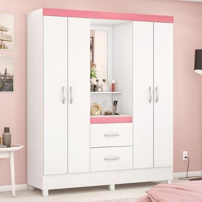 Guarda Roupa Solteiro Essen 4 Portas 2 Gavetas Branco-Rosa-Branco MDP Demóbile