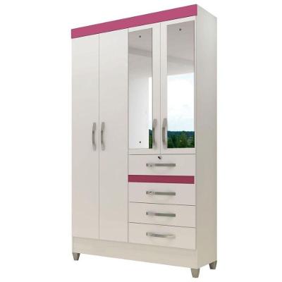 Guarda Roupa Solteiro Sobral 4 Portas de Bater 4 Gavetas Branco-Rosa-Azul-Lilás Moval